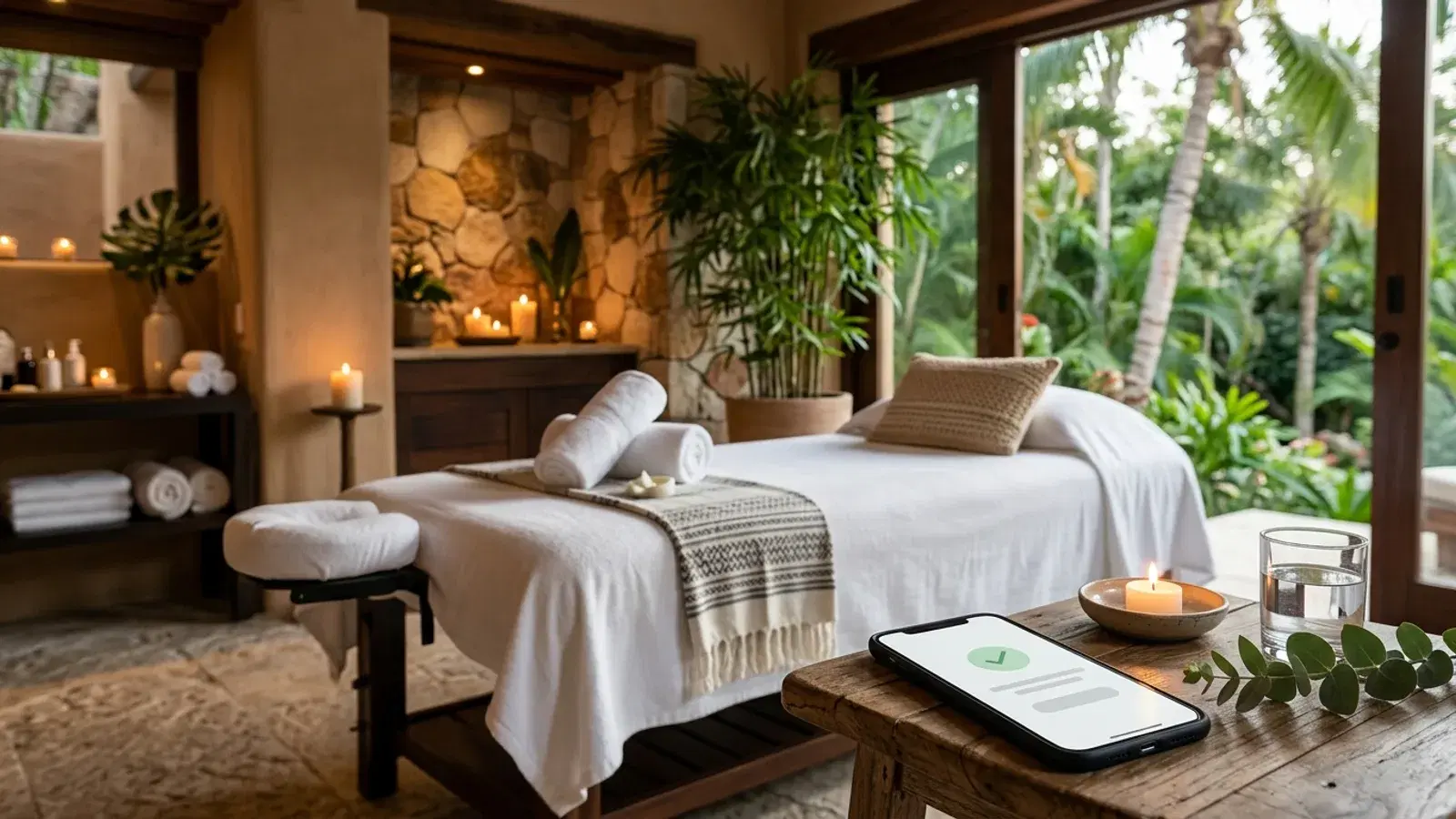 Cabina de spa tranquila con camilla preparada y un celular mostrando una reserva confirmada